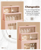 Homde Jewelry Organizer with Glass Window, 3 Drawers and Necklace Hooks-Grey Blue-66-Homde