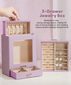 Homde Jewelry Organizer with Glass Window, 3 Drawers and Necklace Hooks-Grey Blue-16-Homde