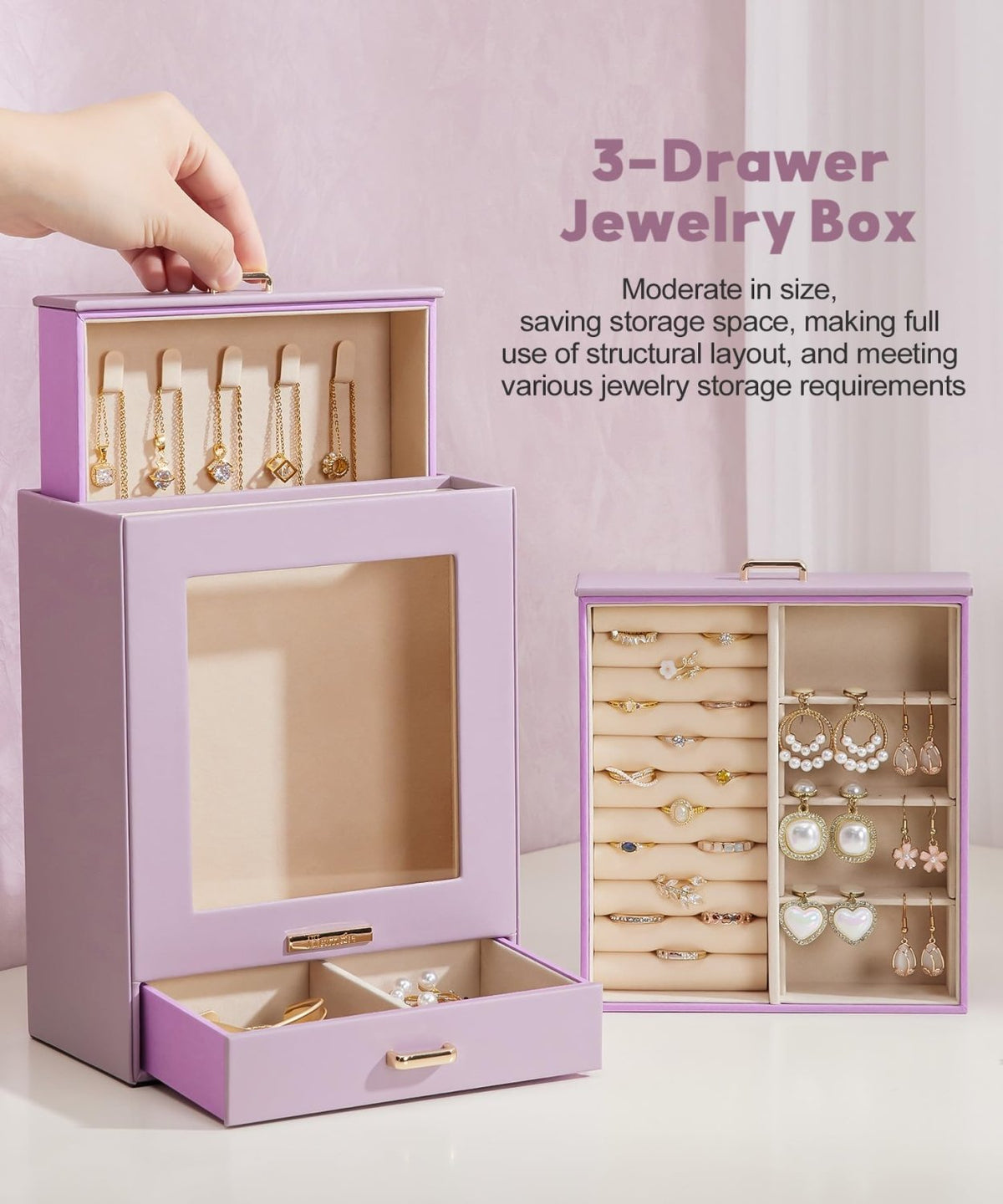 Homde Jewelry Organizer with Glass Window, 3 Drawers and Necklace Hooks-Grey Blue-16-Homde
