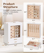 Homde Jewelry Organizer with Glass Window, 3 Drawers and Necklace Hooks-Grey Blue-37-Homde
