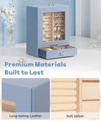 Homde Jewelry Organizer with Glass Window, 3 Drawers and Necklace Hooks-Grey Blue-78-Homde