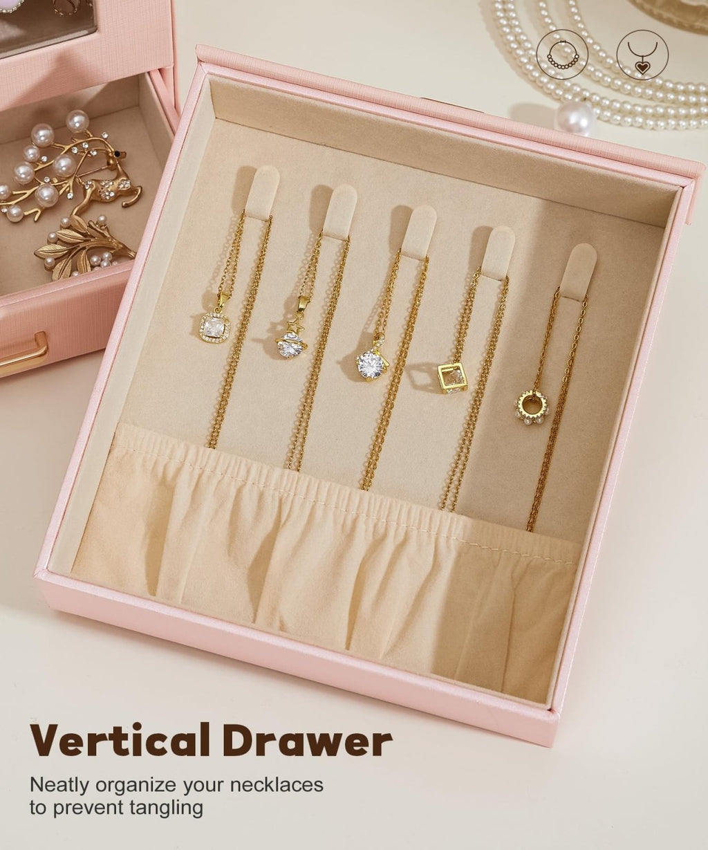 Homde Jewelry Organizer with Glass Window, 3 Drawers and Necklace Hooks-Grey Blue-70-Homde