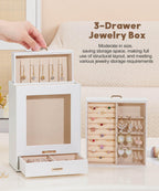 Homde Jewelry Organizer with Glass Window, 3 Drawers and Necklace Hooks-Grey Blue-36-Homde