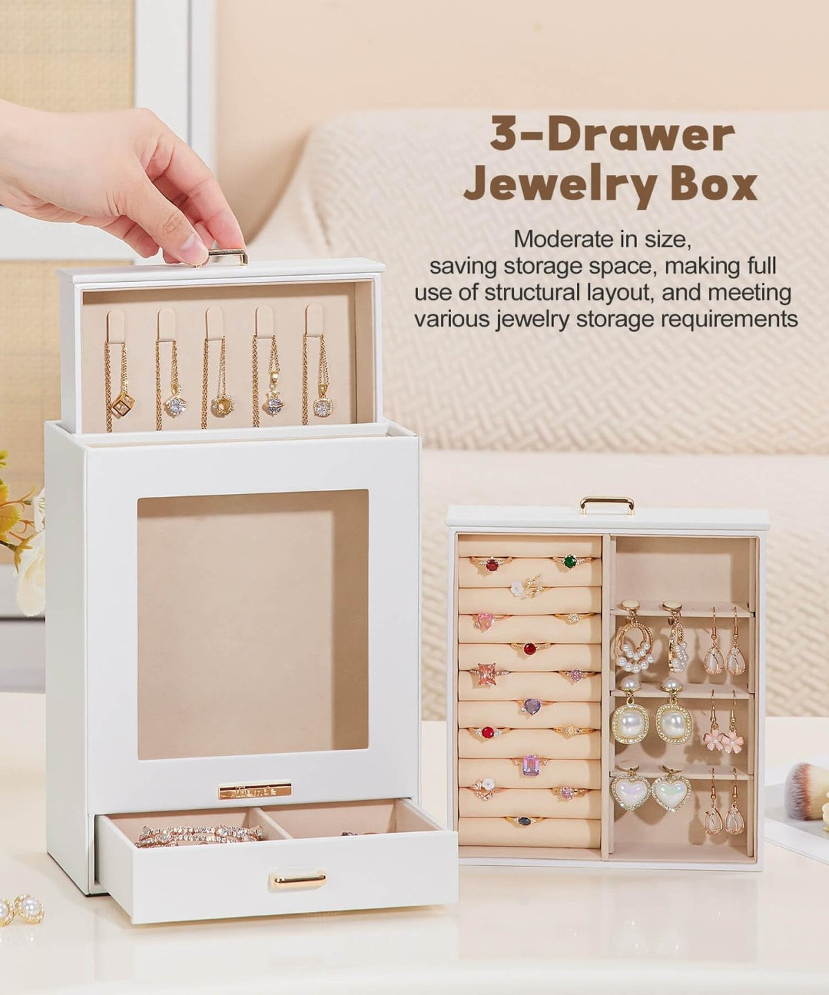 Homde Jewelry Organizer with Glass Window, 3 Drawers and Necklace Hooks-Grey Blue-36-Homde