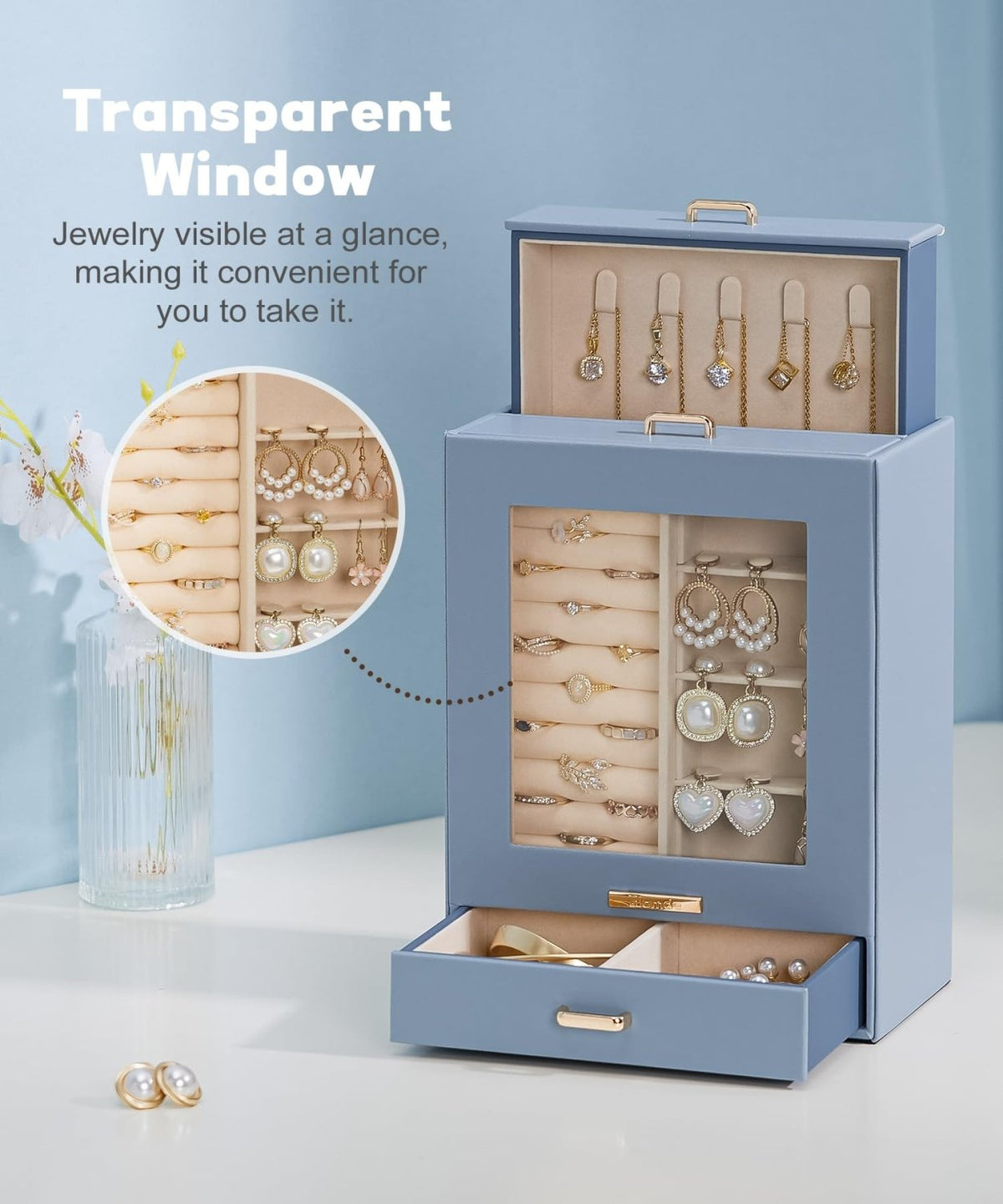 Homde Jewelry Organizer with Glass Window, 3 Drawers and Necklace Hooks-Grey Blue-76-Homde
