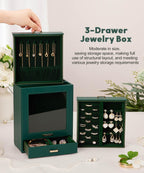 Homde Jewelry Organizer with Glass Window, 3 Drawers and Necklace Hooks-Grey Blue-56-Homde