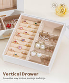 Homde Jewelry Organizer with Glass Window, 3 Drawers and Necklace Hooks-Grey Blue-40-Homde