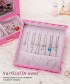 Homde Jewelry Organizer with Glass Window, 3 Drawers and Necklace Hooks-Grey Blue-30-Homde