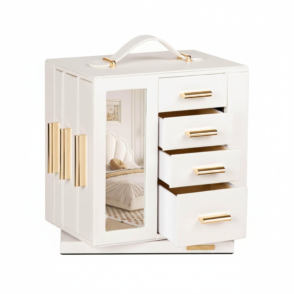 Homde 360° Rotating Jewelry Box with Mirror, 7 Drawers and Necklace Hooks-White-1-Homde