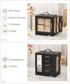Homde 360° Rotating Jewelry Box with Mirror, 7 Drawers and Necklace Hooks-Black-13-Homde