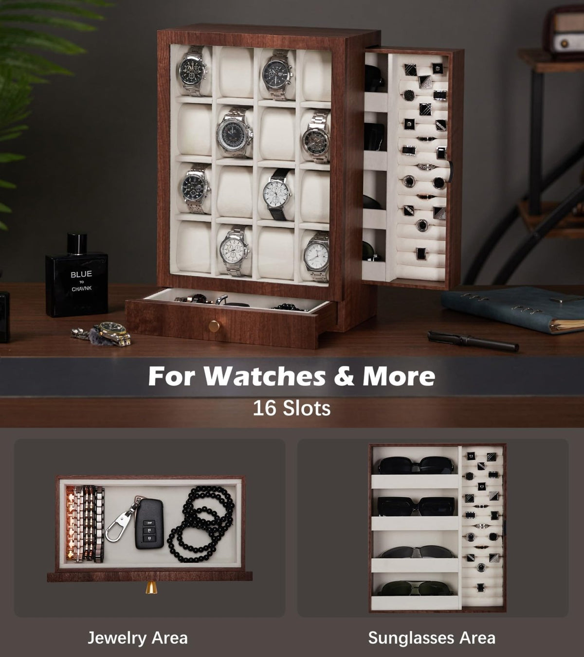 Homde Wooden Watch Box with Glass Window and 2 Drawers-L-13-Homde