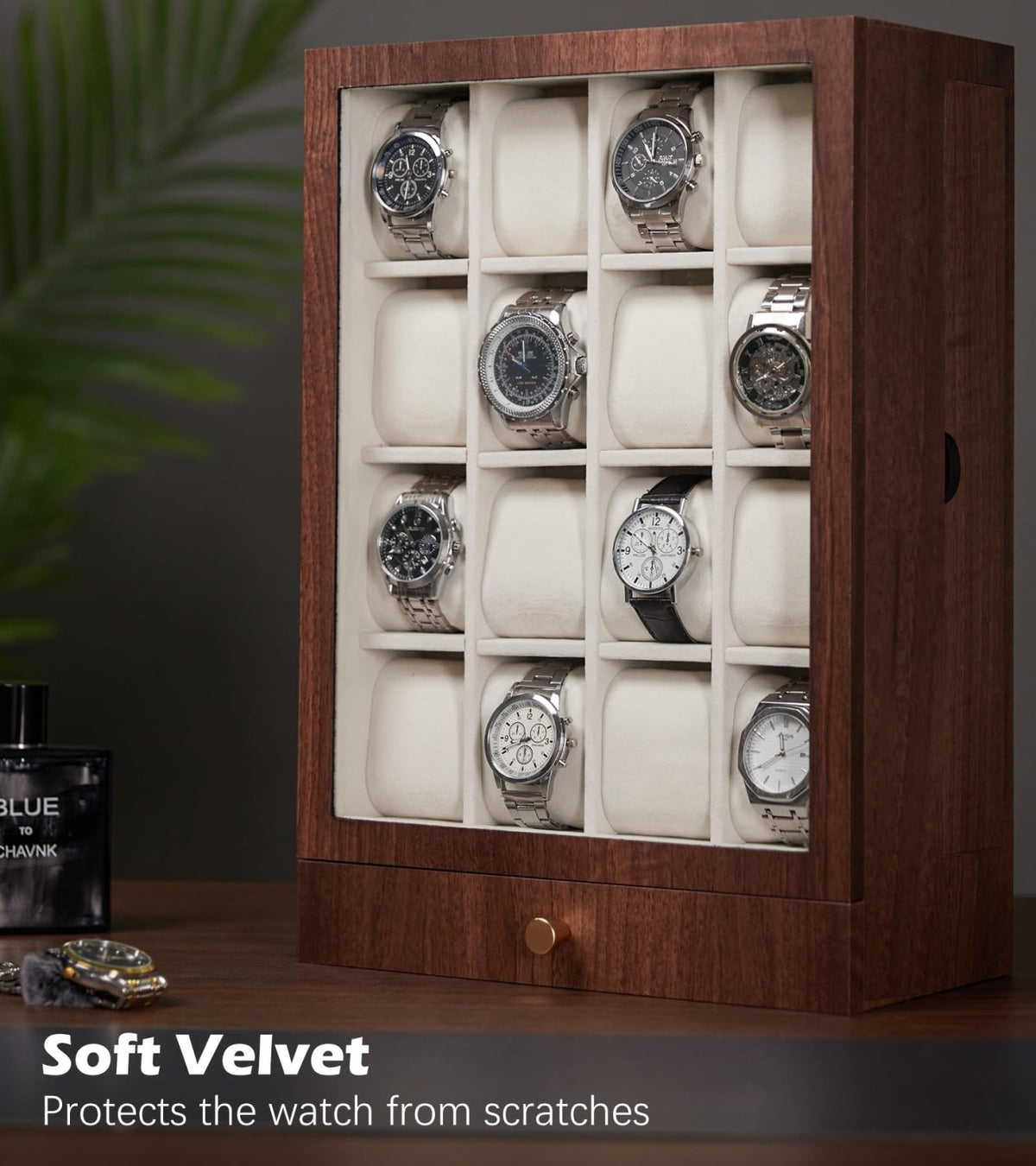 Homde Wooden Watch Box with Glass Window and 2 Drawers-L-18-Homde