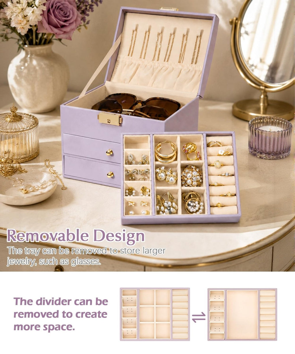 Homde Small Girls Jewelry Box with Lock, Removable Tray and 2 Drawers-Blush Pink-58-Homde