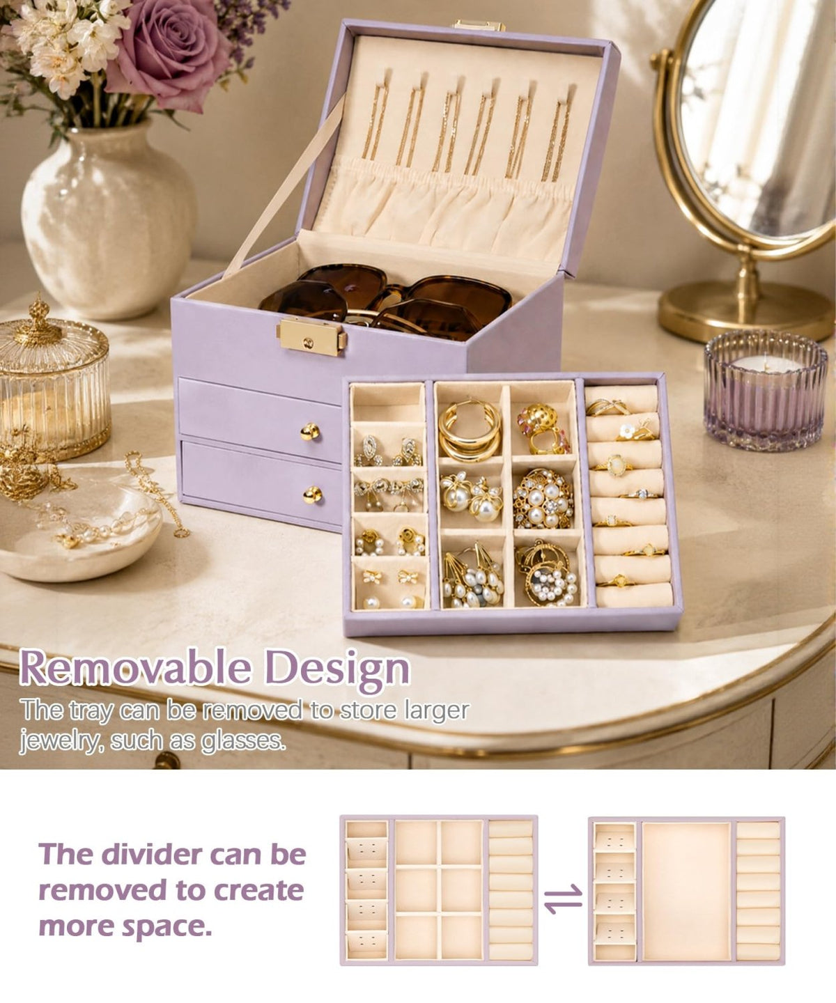 Homde Small Girls Jewelry Box with Lock, Removable Tray and 2 Drawers-Blush Pink-58-Homde