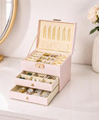 Homde Small Girls Jewelry Box with Lock, Removable Tray and 2 Drawers-Blush Pink-38-Homde