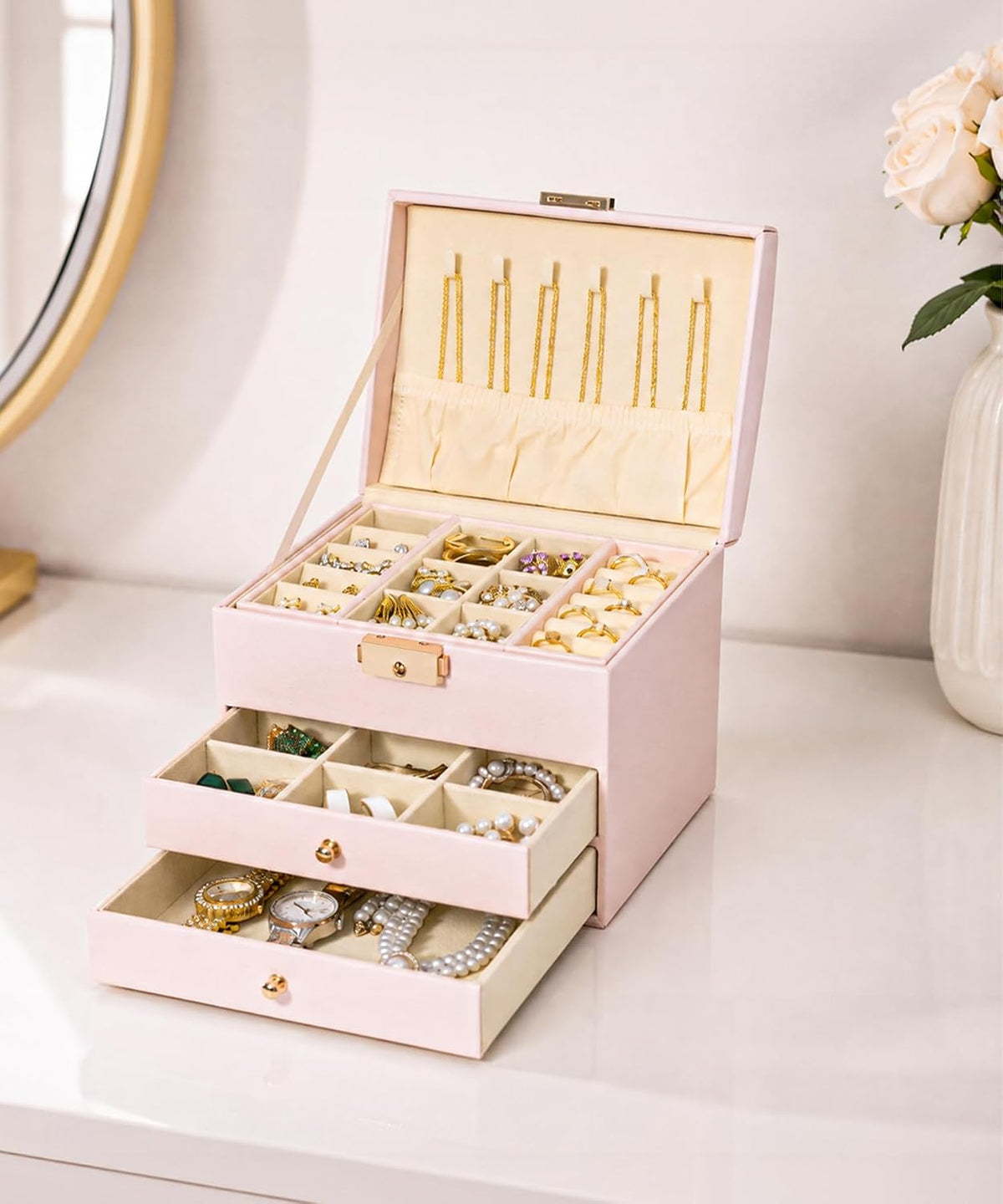 Homde Small Girls Jewelry Box with Lock, Removable Tray and 2 Drawers-Blush Pink-38-Homde
