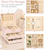 Homde Small Girls Jewelry Box with Lock, Removable Tray and 2 Drawers-Blush Pink-34-Homde