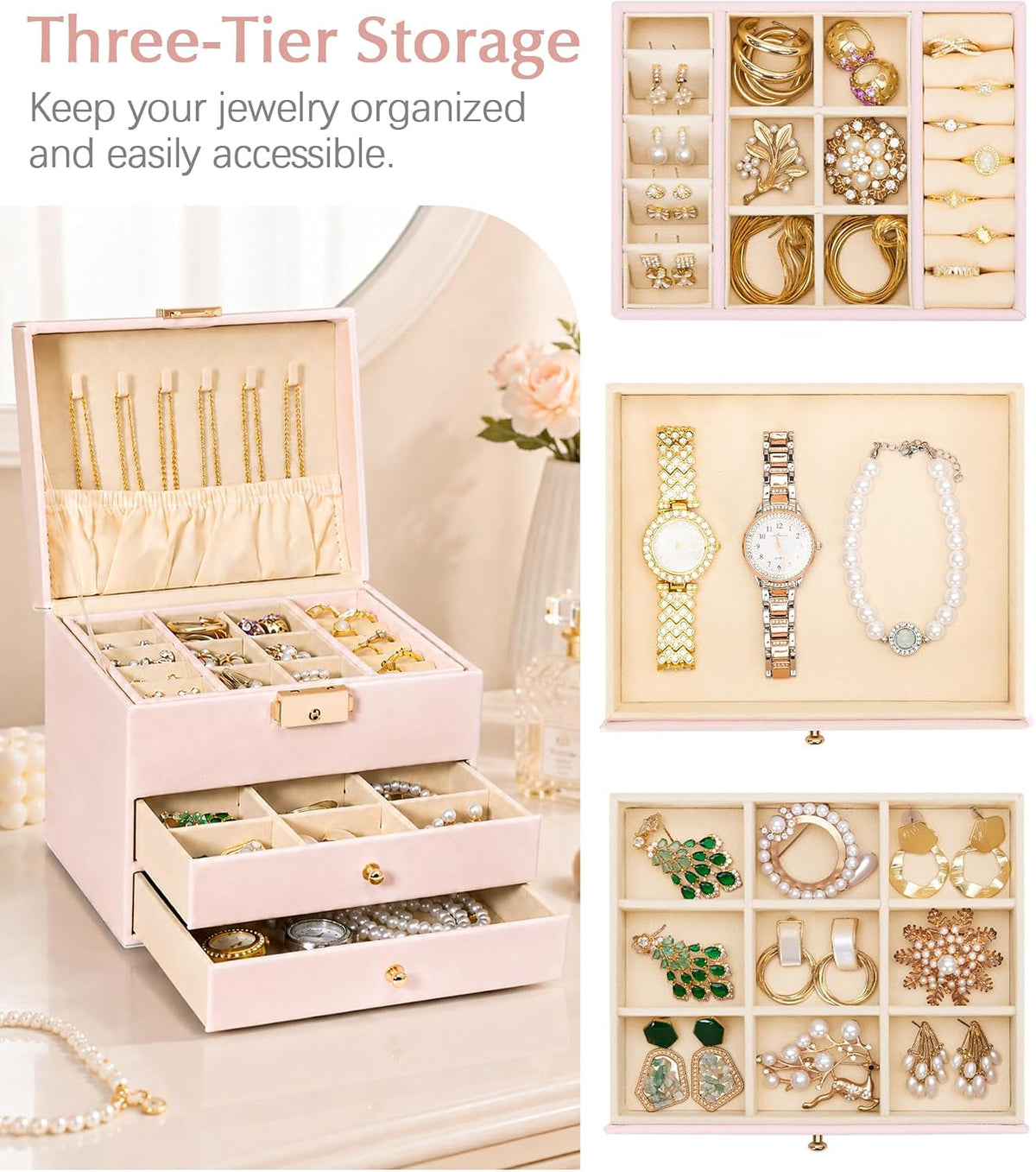 Homde Small Girls Jewelry Box with Lock, Removable Tray and 2 Drawers-Blush Pink-34-Homde