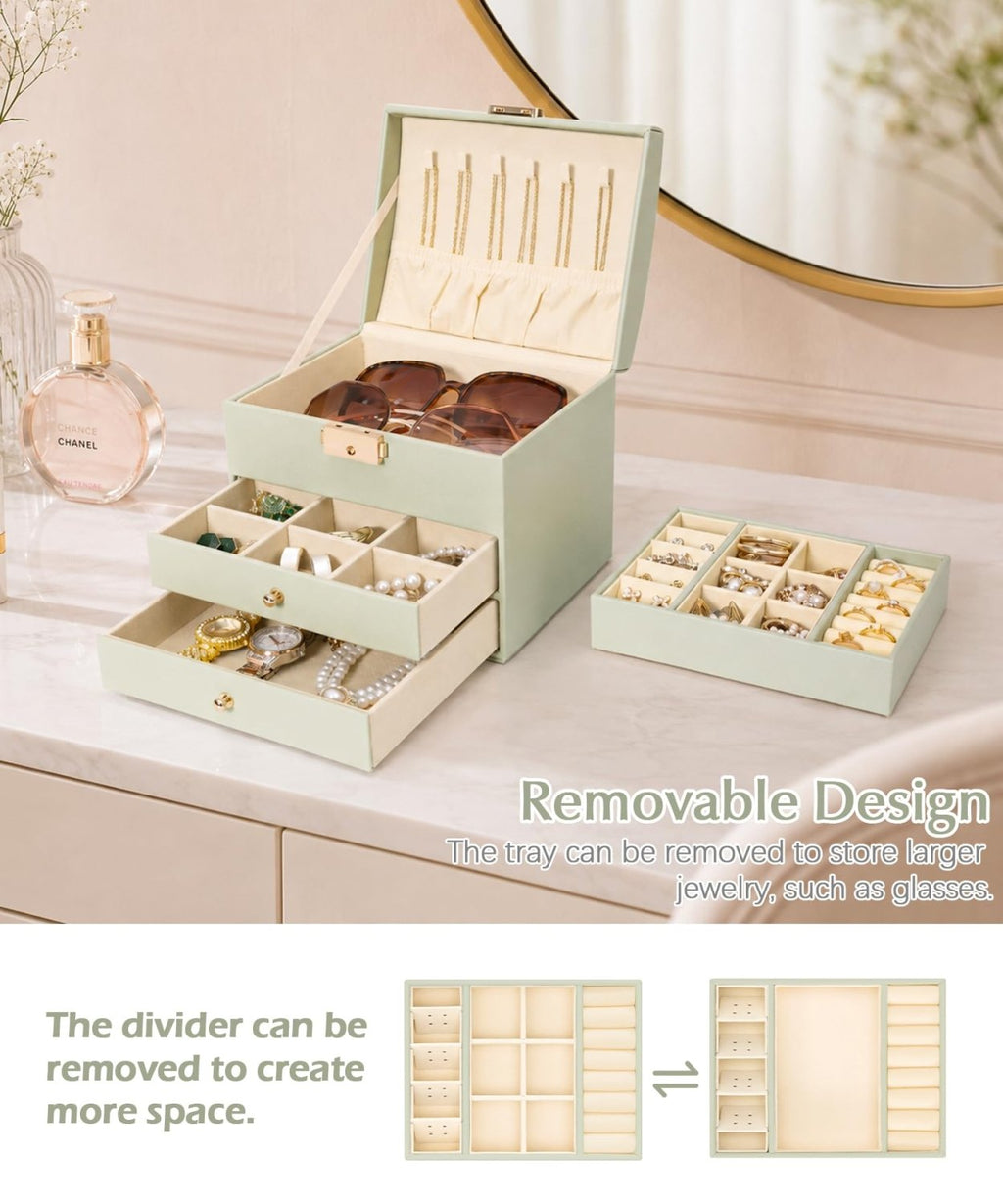 Homde Small Girls Jewelry Box with Lock, Removable Tray and 2 Drawers-Blush Pink-12-Homde