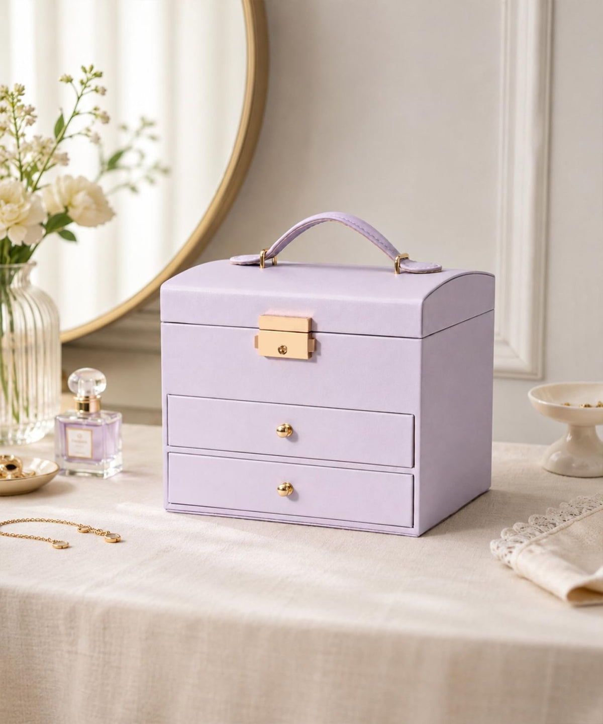 Homde Small Girls Jewelry Box with Lock, Removable Tray and 2 Drawers-Blush Pink-60-Homde