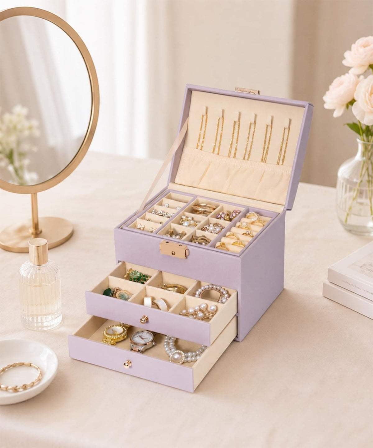 Homde Small Girls Jewelry Box with Lock, Removable Tray and 2 Drawers-Blush Pink-61-Homde