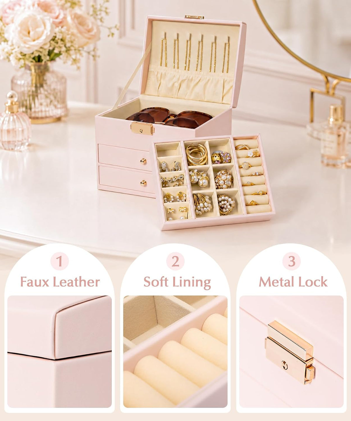 Homde Small Girls Jewelry Box with Lock, Removable Tray and 2 Drawers-Blush Pink-36-Homde