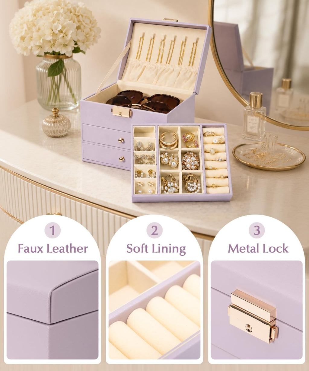 Homde Small Girls Jewelry Box with Lock, Removable Tray and 2 Drawers-Blush Pink-59-Homde