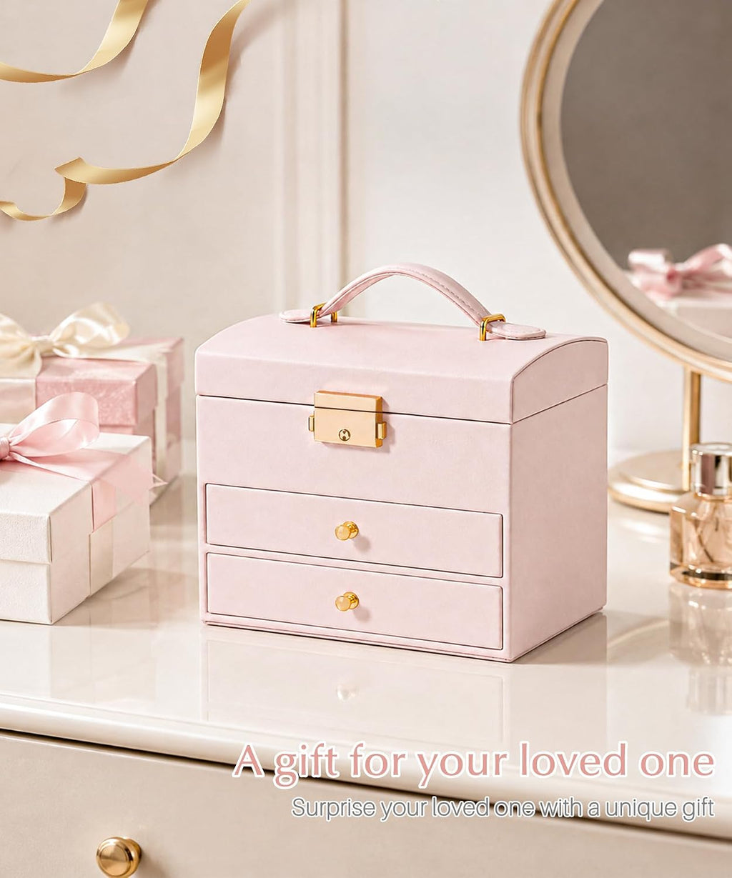 Homde Small Girls Jewelry Box with Lock, Removable Tray and 2 Drawers-Blush Pink-37-Homde