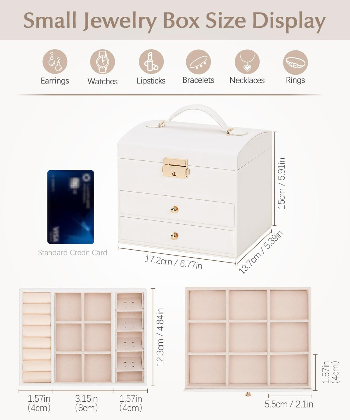 Homde Small Girls Jewelry Box with Lock, Removable Tray and 2 Drawers-Blush Pink-21-Homde