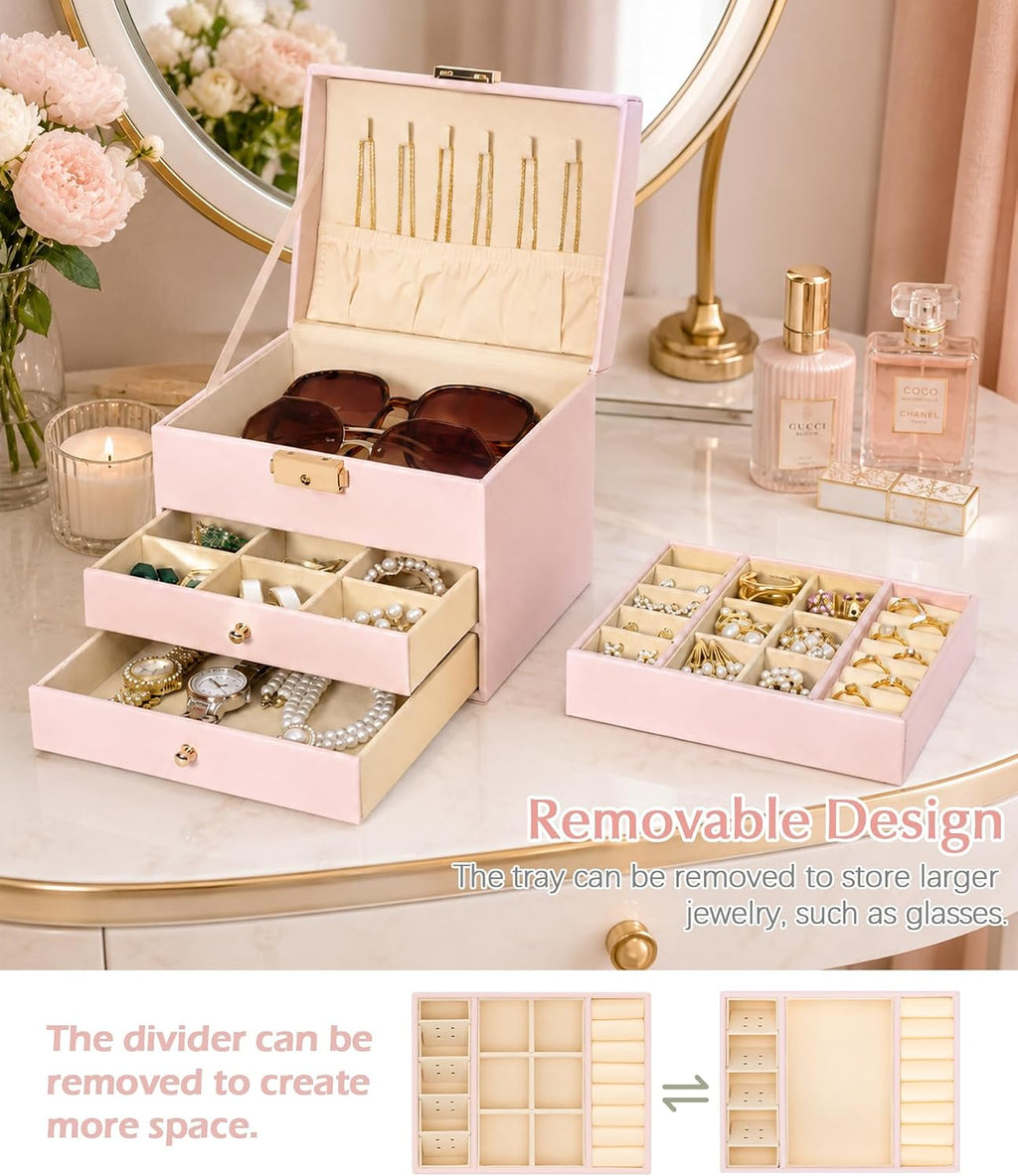 Homde Small Girls Jewelry Box with Lock, Removable Tray and 2 Drawers-Blush Pink-35-Homde