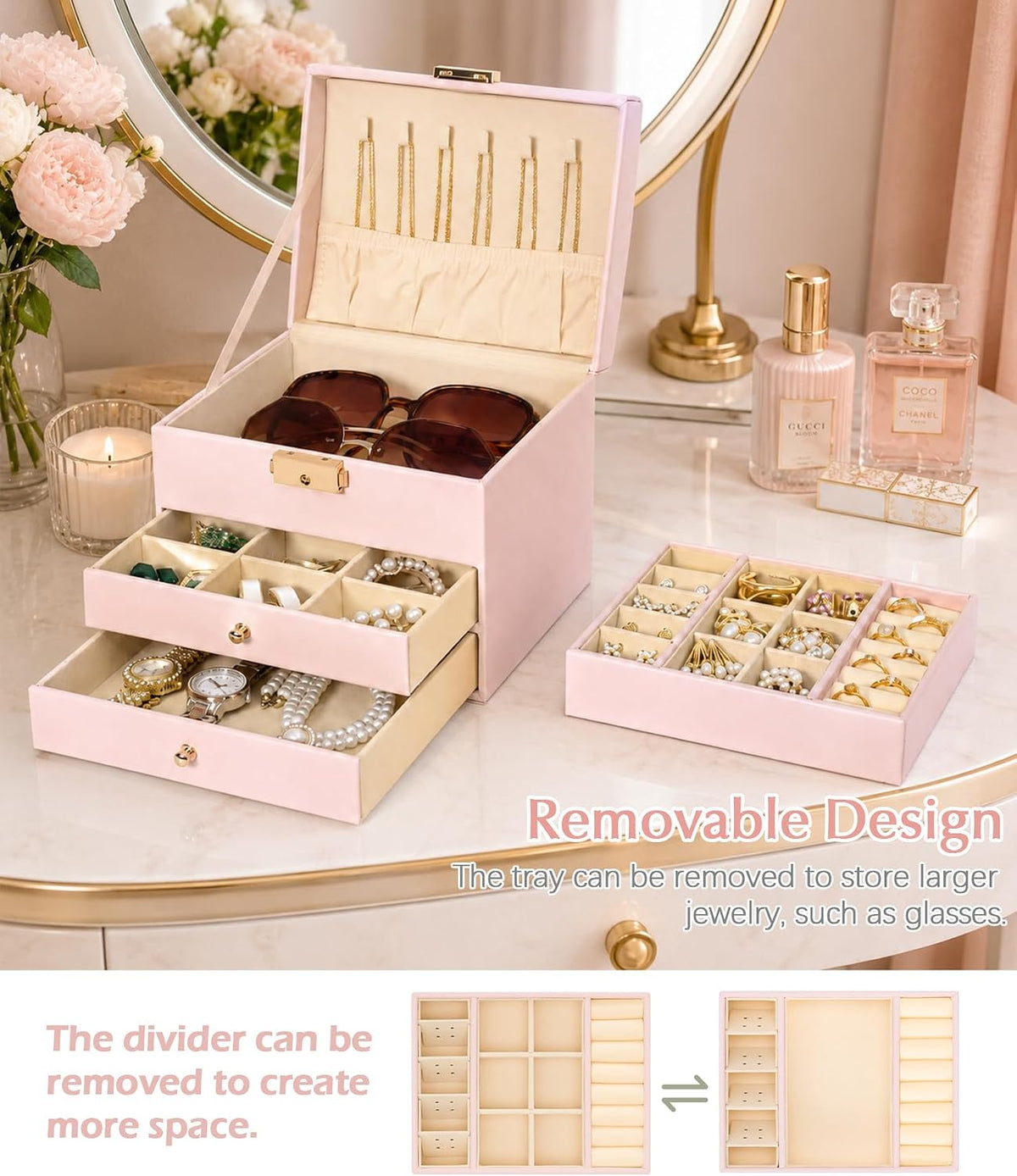 Homde Small Girls Jewelry Box with Lock, Removable Tray and 2 Drawers-Blush Pink-35-Homde