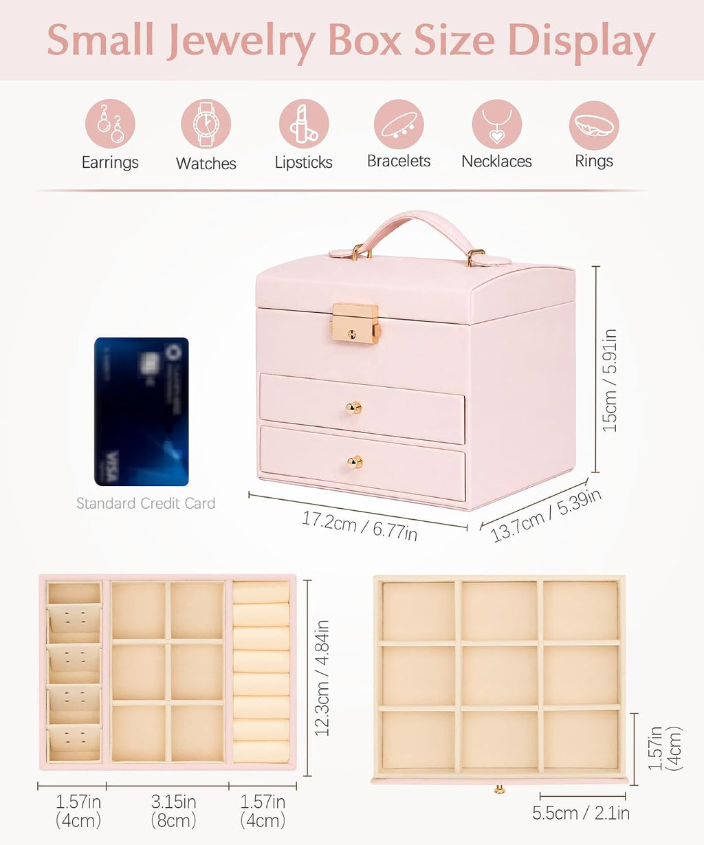 Homde Small Girls Jewelry Box with Lock, Removable Tray and 2 Drawers-Blush Pink-33-Homde