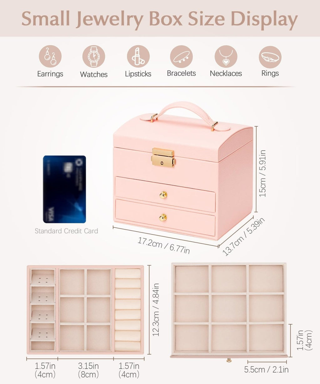 Homde Small Girls Jewelry Box with Lock, Removable Tray and 2 Drawers-Blush Pink-52-Homde