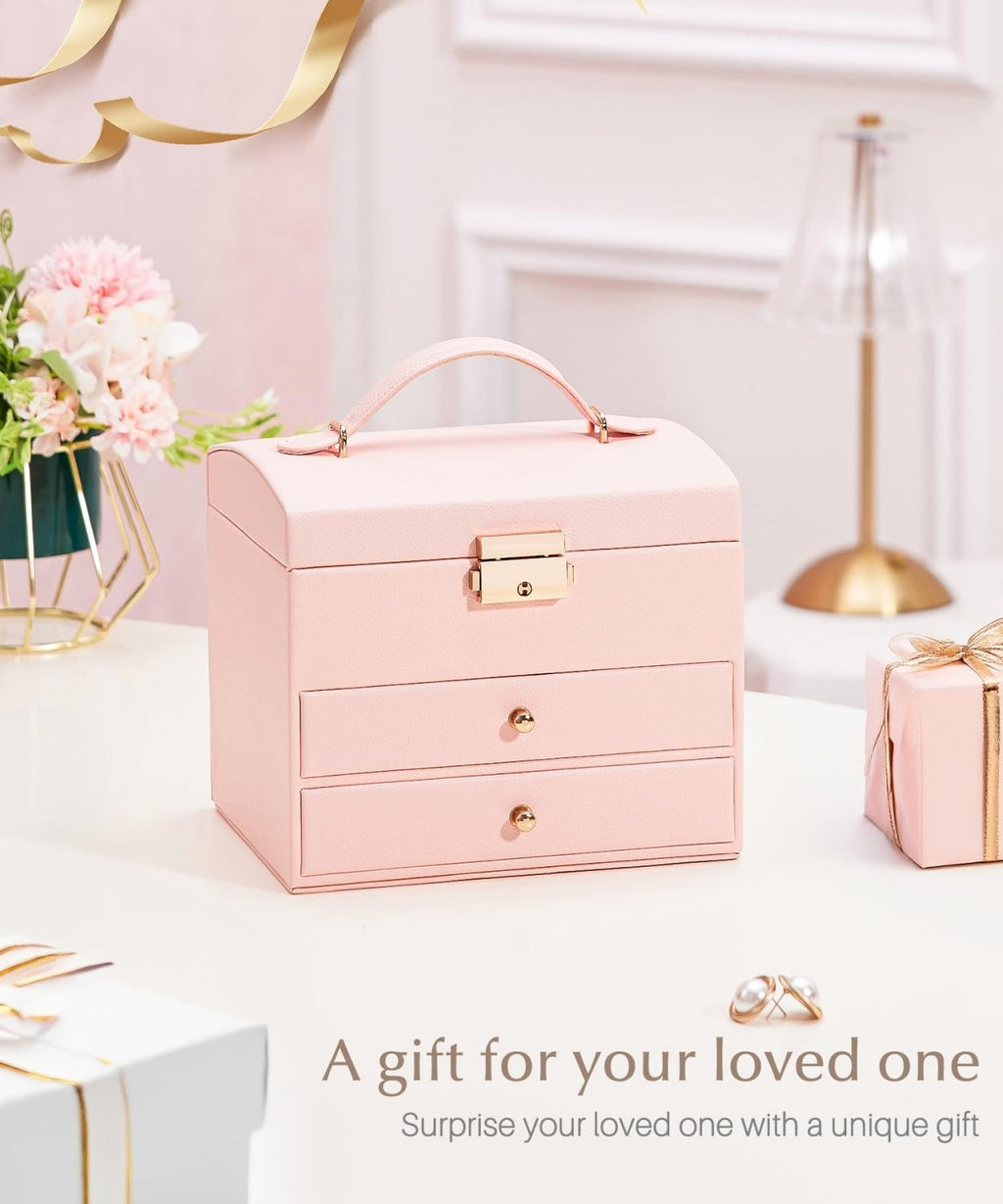 Homde Small Girls Jewelry Box with Lock, Removable Tray and 2 Drawers-Blush Pink-62-Homde