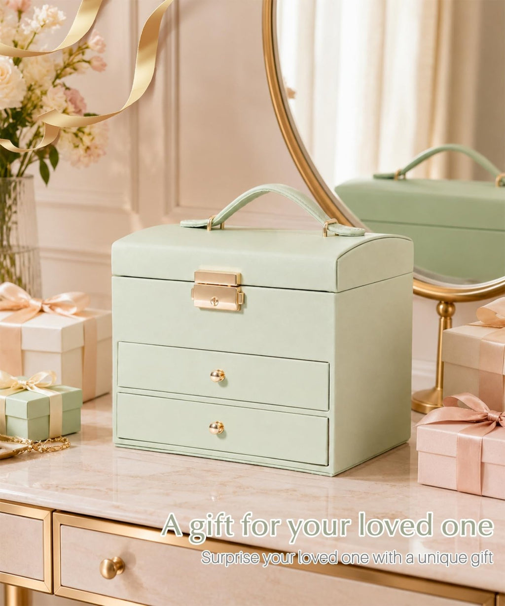 Homde Small Girls Jewelry Box with Lock, Removable Tray and 2 Drawers-Blush Pink-14-Homde