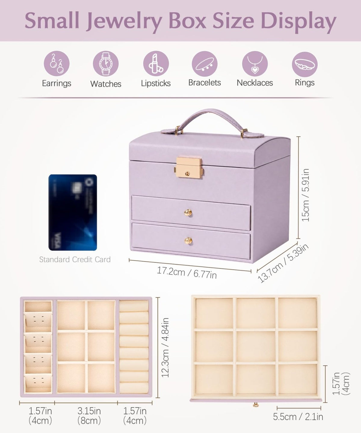 Homde Small Girls Jewelry Box with Lock, Removable Tray and 2 Drawers-Blush Pink-56-Homde