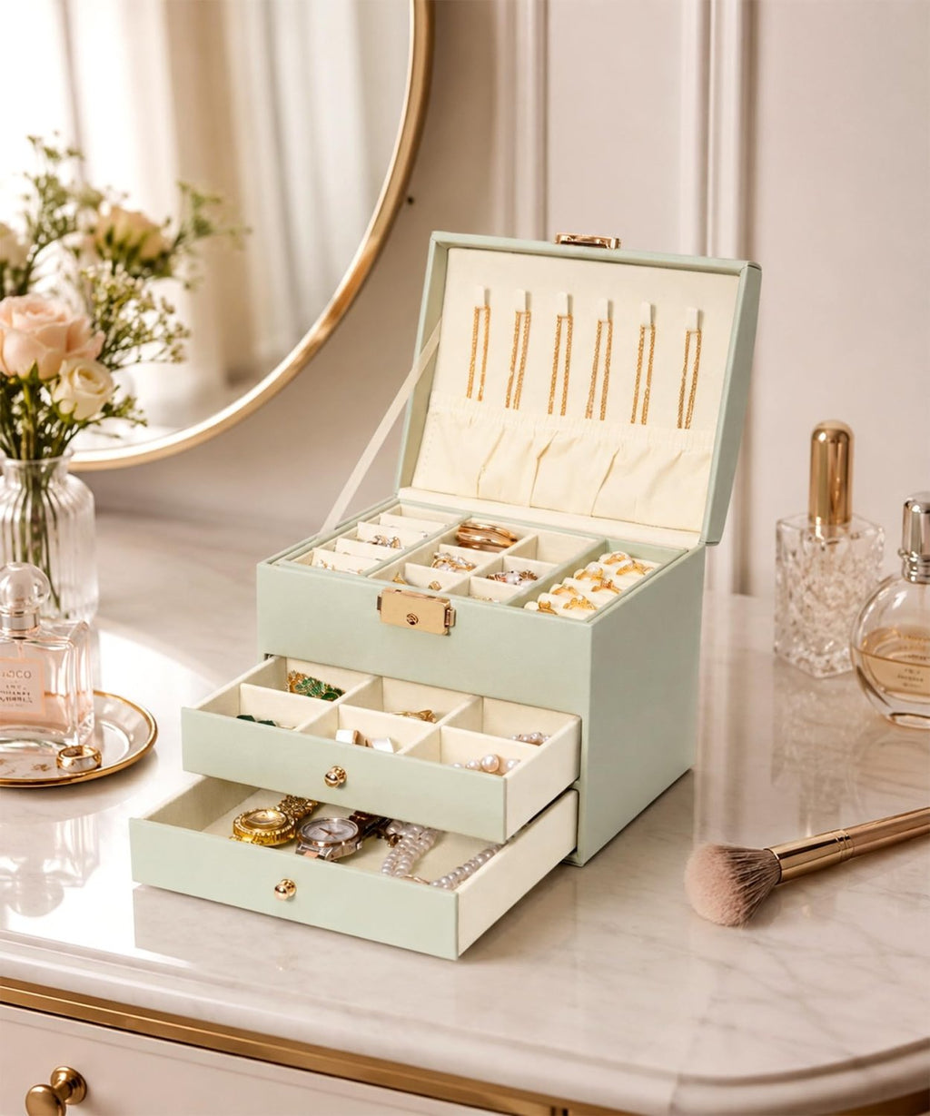 Homde Small Girls Jewelry Box with Lock, Removable Tray and 2 Drawers-Blush Pink-15-Homde