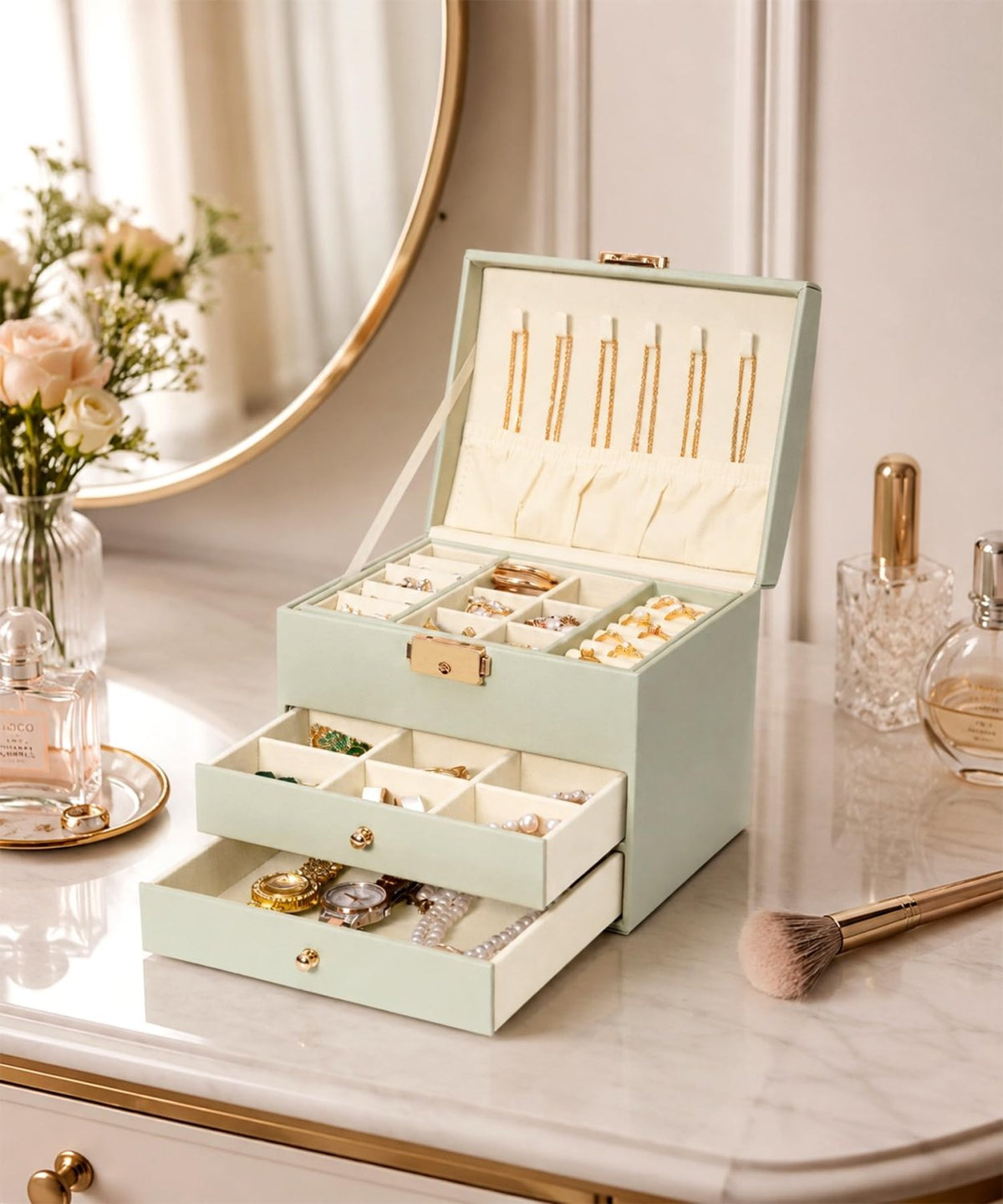 Homde Small Girls Jewelry Box with Lock, Removable Tray and 2 Drawers-Blush Pink-15-Homde