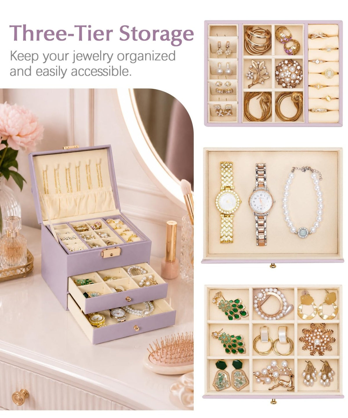 Homde Small Girls Jewelry Box with Lock, Removable Tray and 2 Drawers-Blush Pink-57-Homde