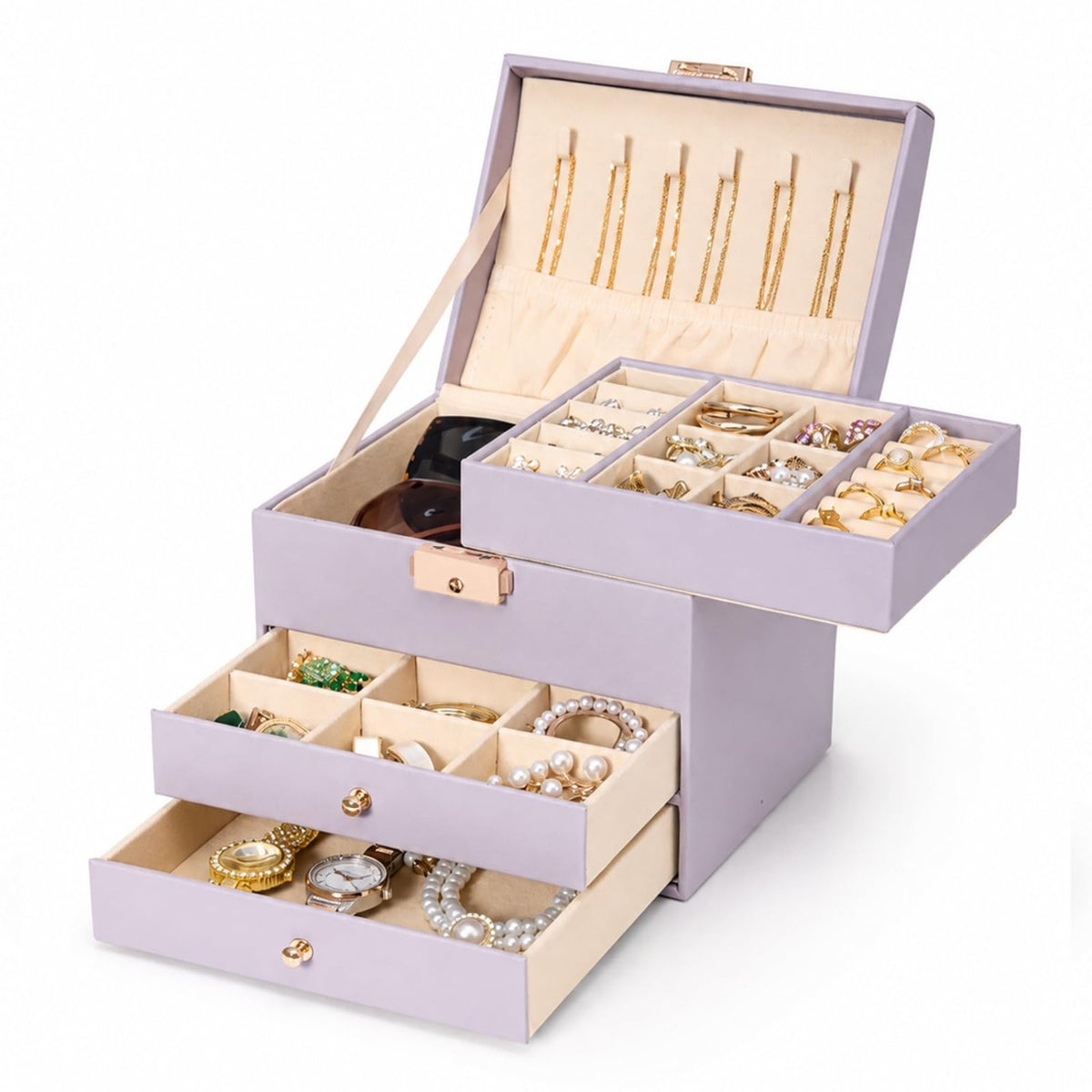 Homde Small Girls Jewelry Box with Lock, Removable Tray and 2 Drawers-Grey Purple-6-Homde