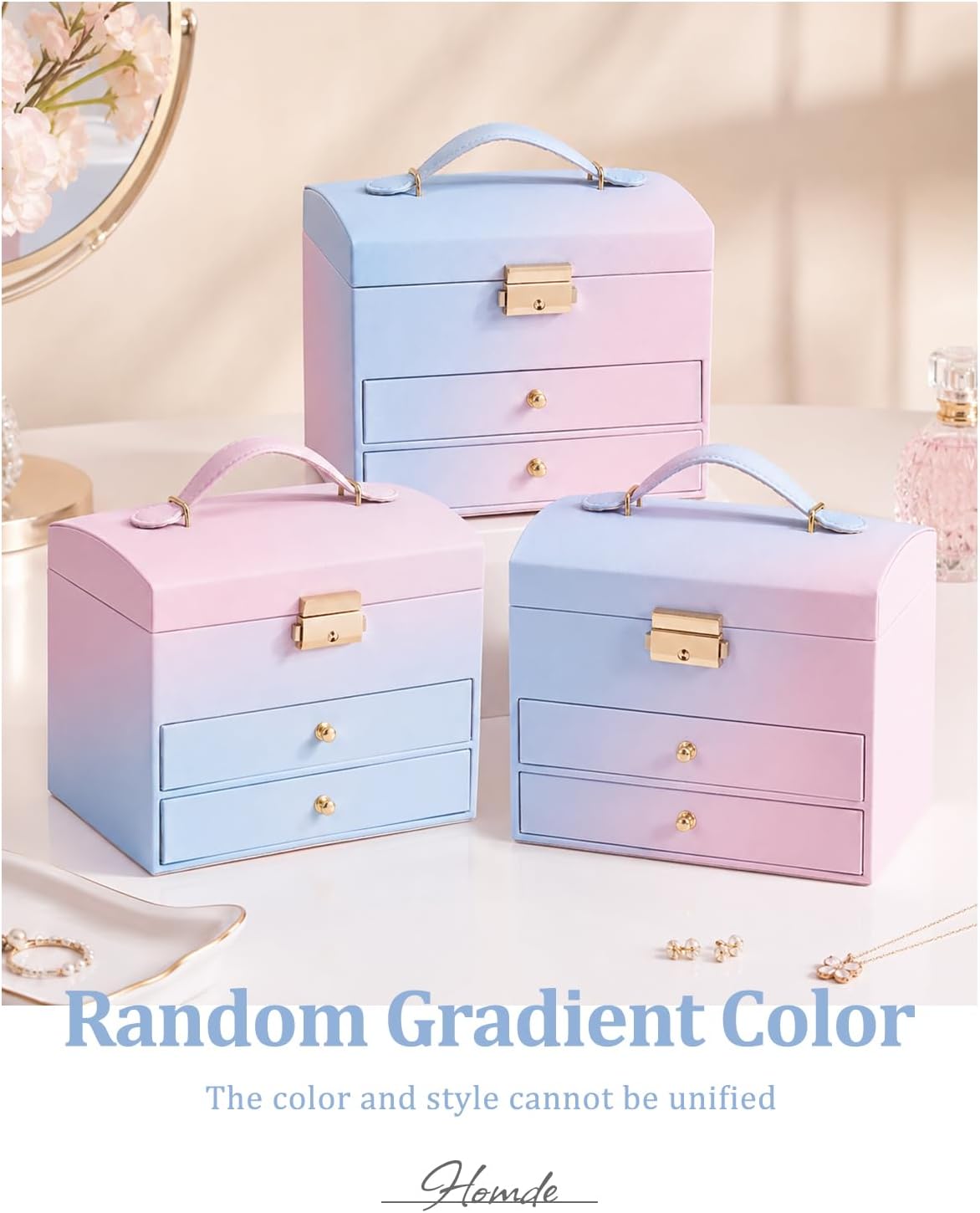 Homde Small Girls Jewelry Box with Lock, Removable Tray and 2 Drawers-Blue-Pink Gradient-77-Homde