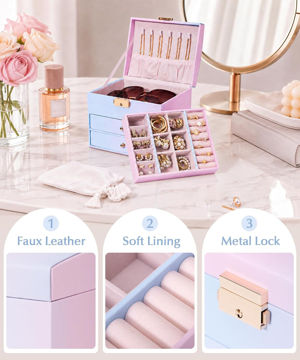 Homde Small Girls Jewelry Box with Lock, Removable Tray and 2 Drawers-Blue-Pink Gradient-78-Homde