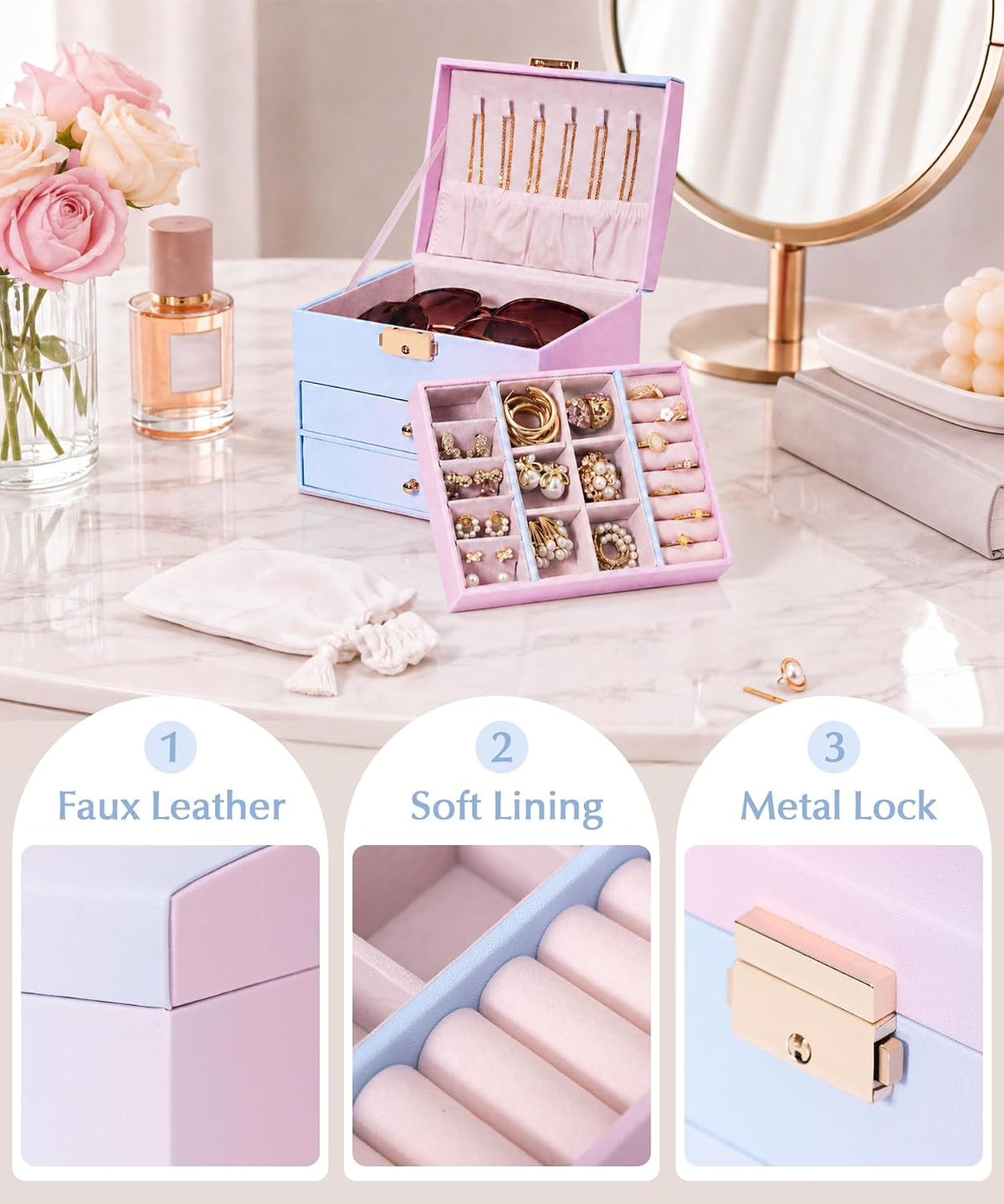 Homde Small Girls Jewelry Box with Lock, Removable Tray and 2 Drawers-Blue-Pink Gradient-78-Homde