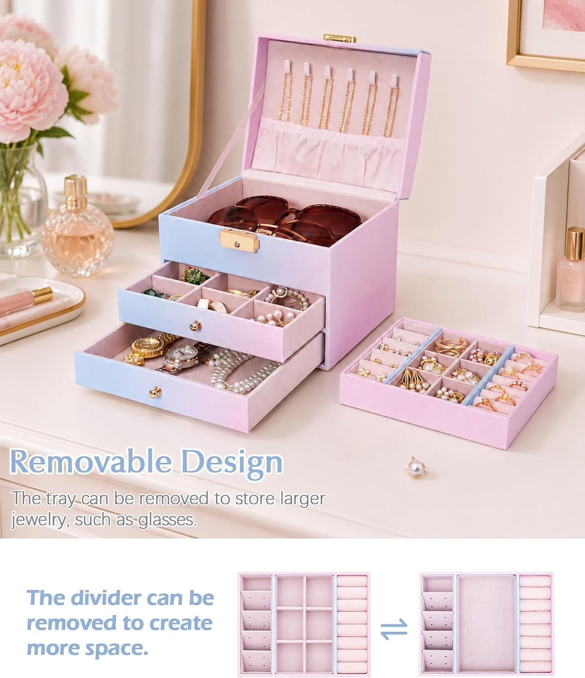 Homde Small Girls Jewelry Box with Lock, Removable Tray and 2 Drawers-Blue-Pink Gradient-72-Homde