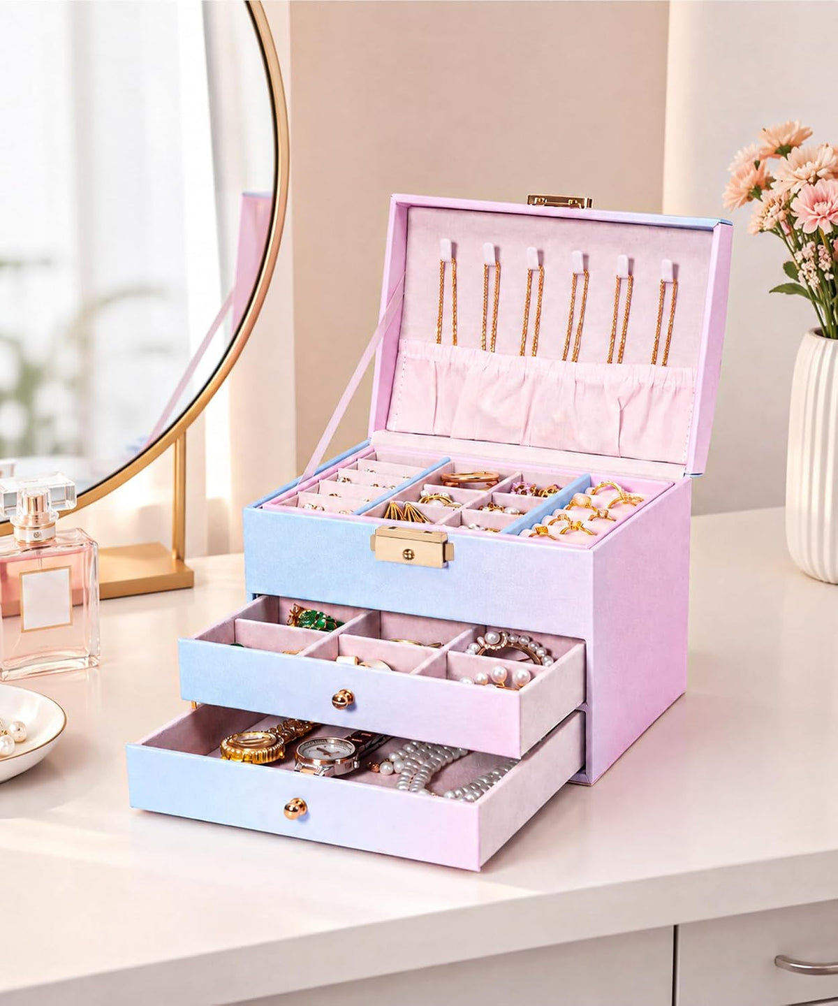 Homde Small Girls Jewelry Box with Lock, Removable Tray and 2 Drawers-Blue-Pink Gradient-76-Homde
