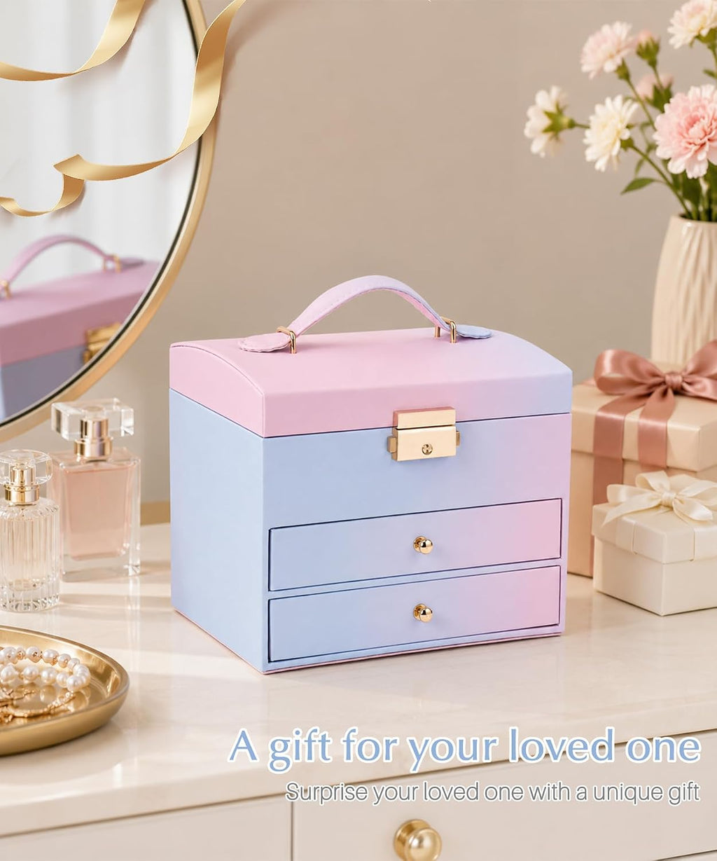 Homde Small Girls Jewelry Box with Lock, Removable Tray and 2 Drawers-Blue-Pink Gradient-73-Homde