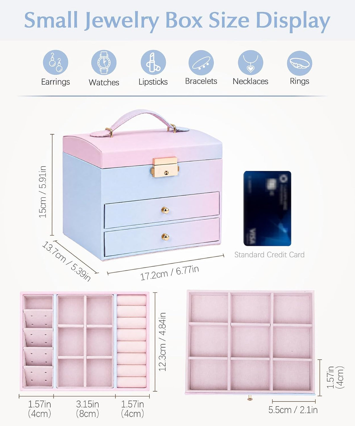 Homde Small Girls Jewelry Box with Lock, Removable Tray and 2 Drawers-Blue-Pink Gradient-74-Homde