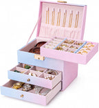 Homde Small Girls Jewelry Box with Lock, Removable Tray and 2 Drawers-Blue-Pink Gradient-70-Homde
