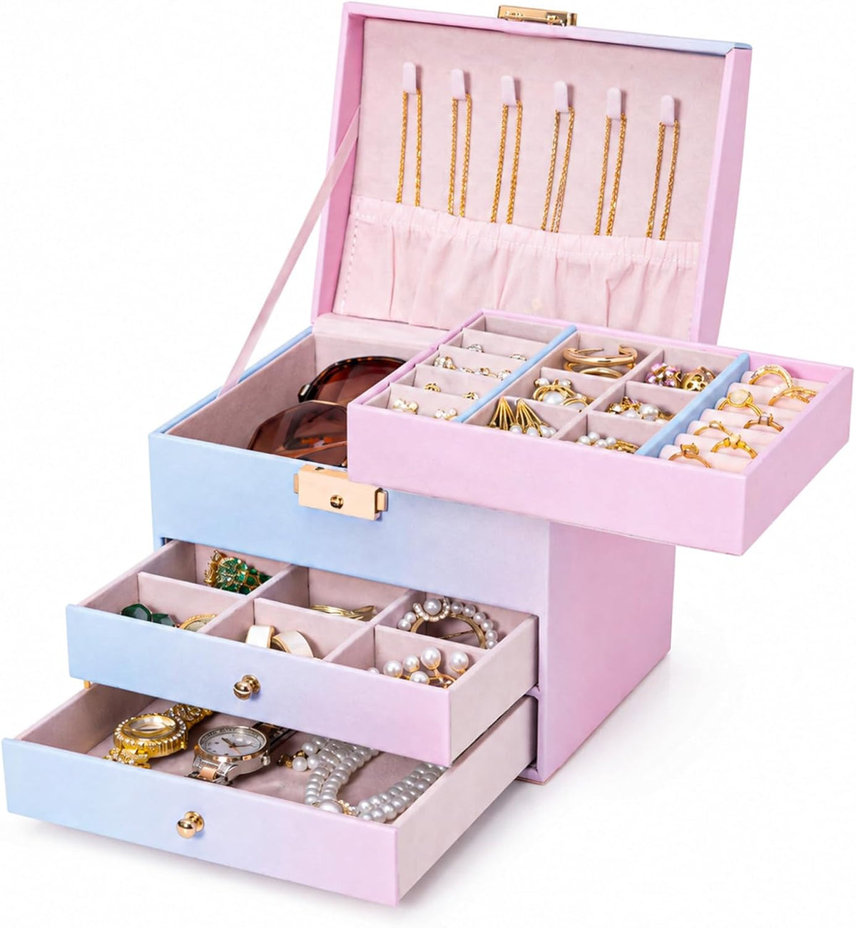 Homde Small Girls Jewelry Box with Lock, Removable Tray and 2 Drawers-Blue-Pink Gradient-70-Homde