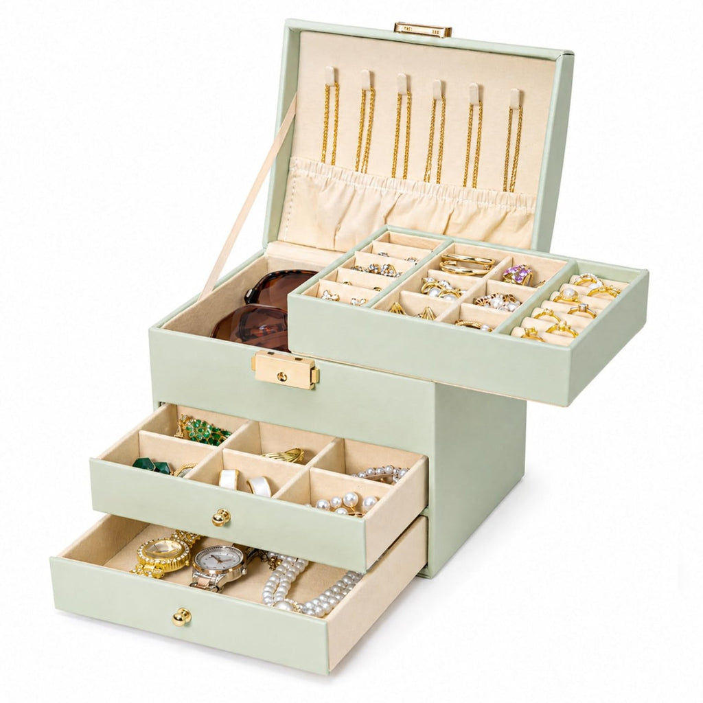 Homde Small Girls Jewelry Box with Lock, Removable Tray and 2 Drawers-Sage Green-2-Homde
